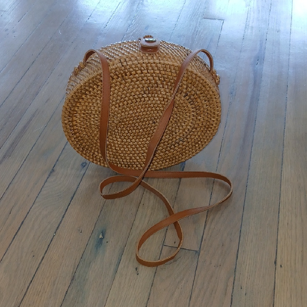 Round Woven Tan Crossbody Bag